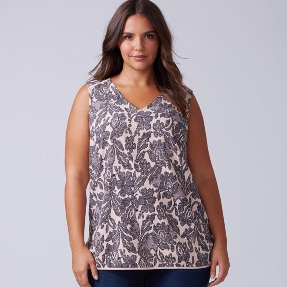 Lane Bryant Lace Print Sleeveless Blouse Pink Black V-Neck High Low Plus Chic